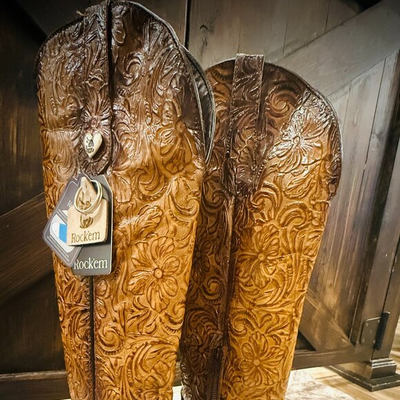 Rock'Em Nancy Tall Snip Toe Tooled Leather Cowgirl Boots Size 8 NWT - Picture 2 of 13